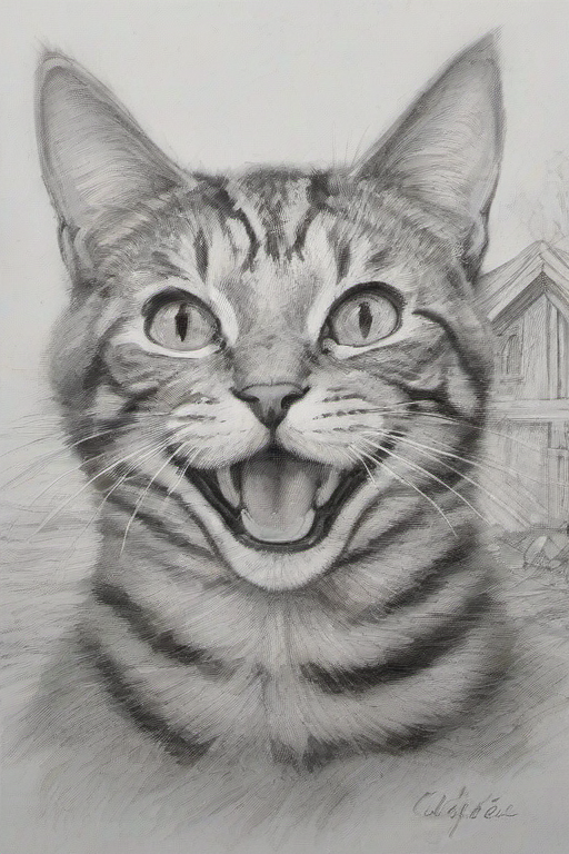 <lora:PE_PencilDrawing:0.8> PEPencilDrawing,
cat smiling,burning destroyed house in the background,flame fire explosion,