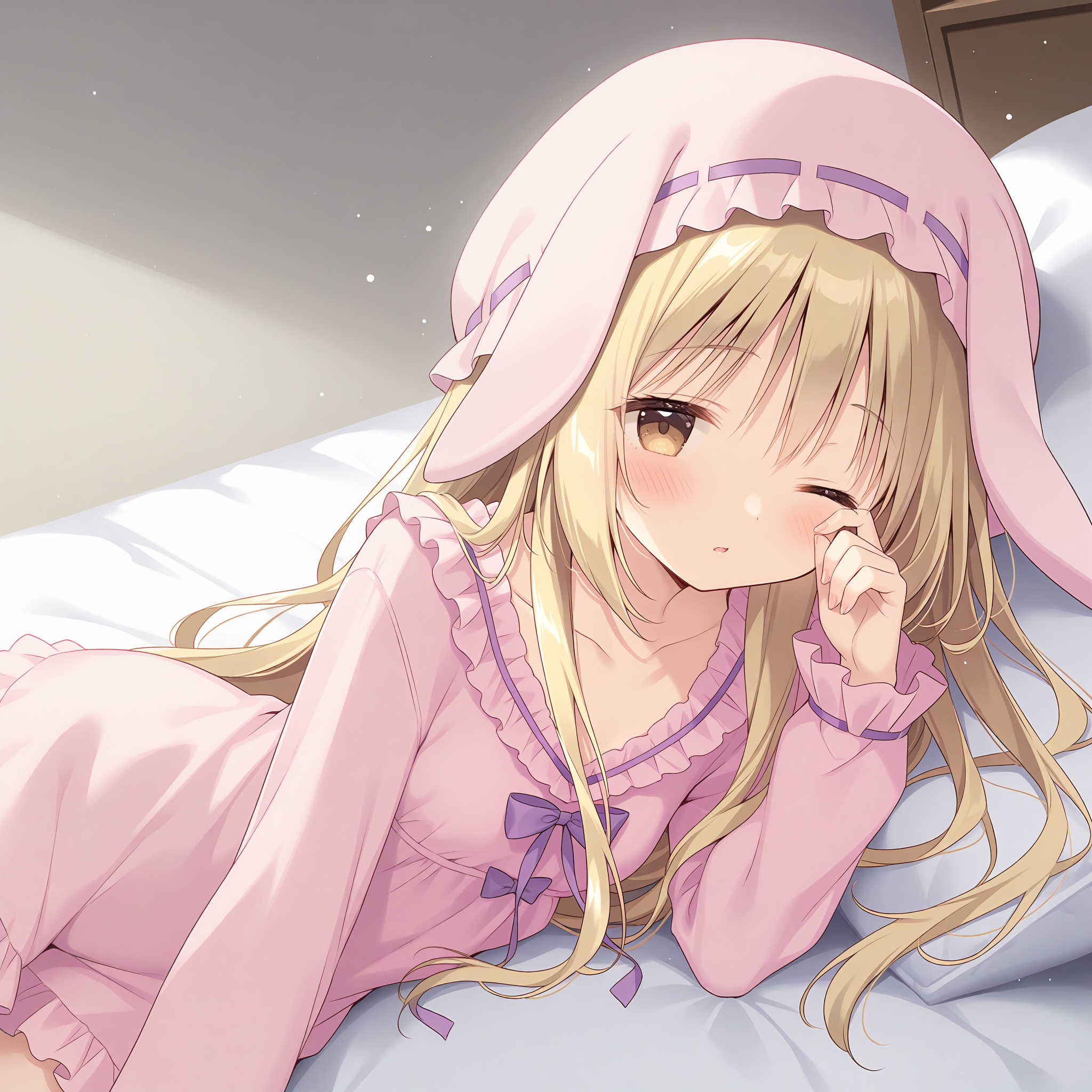 <lora:Momose_Mitsuki_2_nai-000023:1>,Momose Mitsuki,rabbit ears,
rabbit hat,rabbit ear hat,fake animal ears,ribbon-trimmed headwear,pink headwear,long sleeves,nightgown,chest bow,purple bow,pink pajamas,frilled pajamas,frilled sleeves,pink frills,
BREAK
1girl,solo,sleepy,one eye closed,on bed,on side,rubbing eyes,looking at viewer,