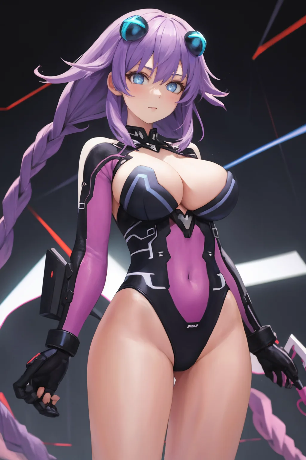 masterpiece, best quality, 1girl, solo, standing, <lora:purpleheart-hdn-richy-v1:1> prplhrtdef, hair ornament, leotard, cleavage cutout
