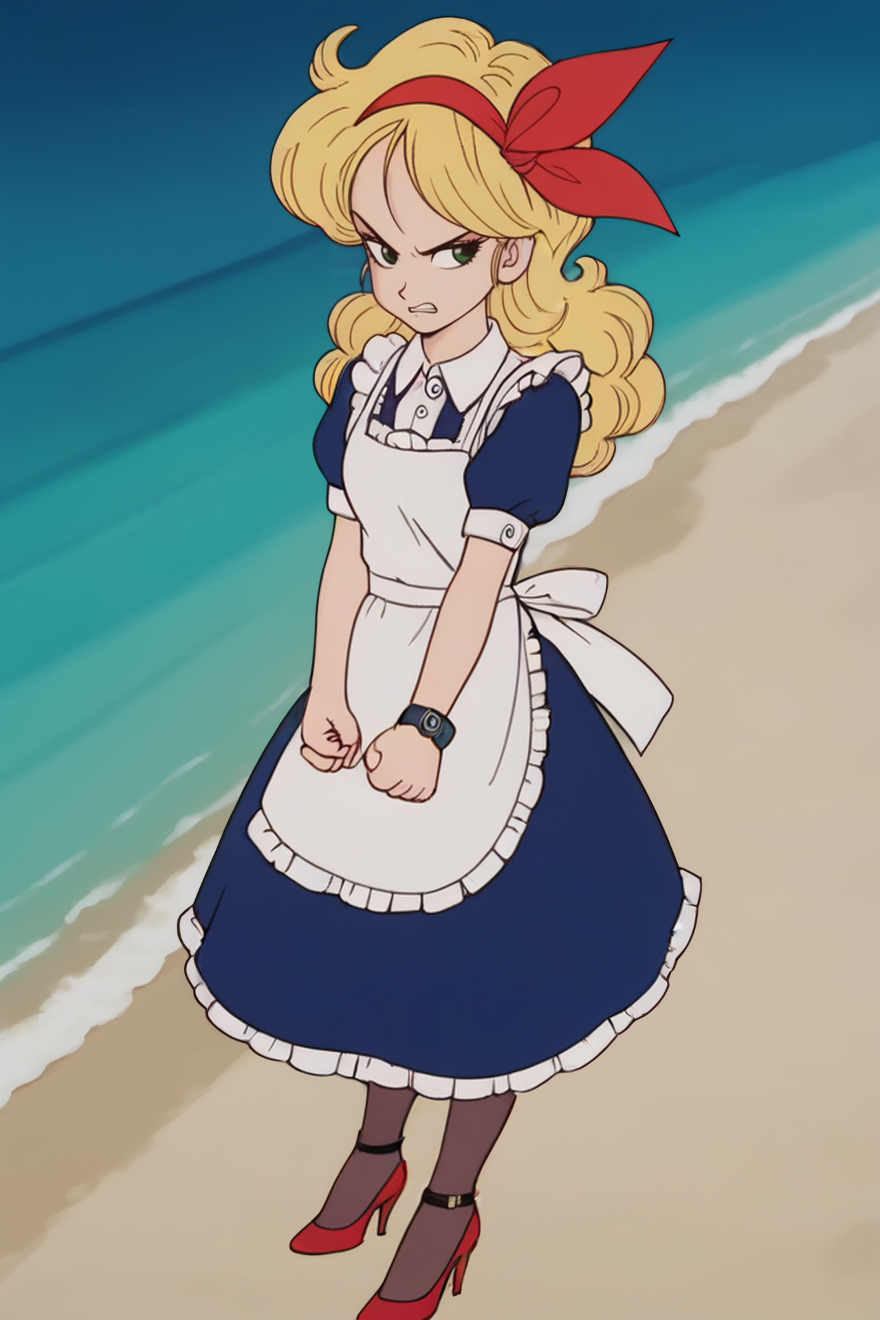 source_anime, score_9, score_8_up, score_7_up, anime screencap,
high quality, launch bad
1girl, solo, apron, long dress, blue dress, pantyhose, high heels, wrist accessory, arm by side, frown, long hair, curly hair, frills, short sleeves, green eyes, blonde hair, day, red hairband, ribbon, white collar, clenched teeth, clenched hands, 
outdoors, island, ocean, sand , (from above), 
 <lora:launch_pony_v1.0:0.8>