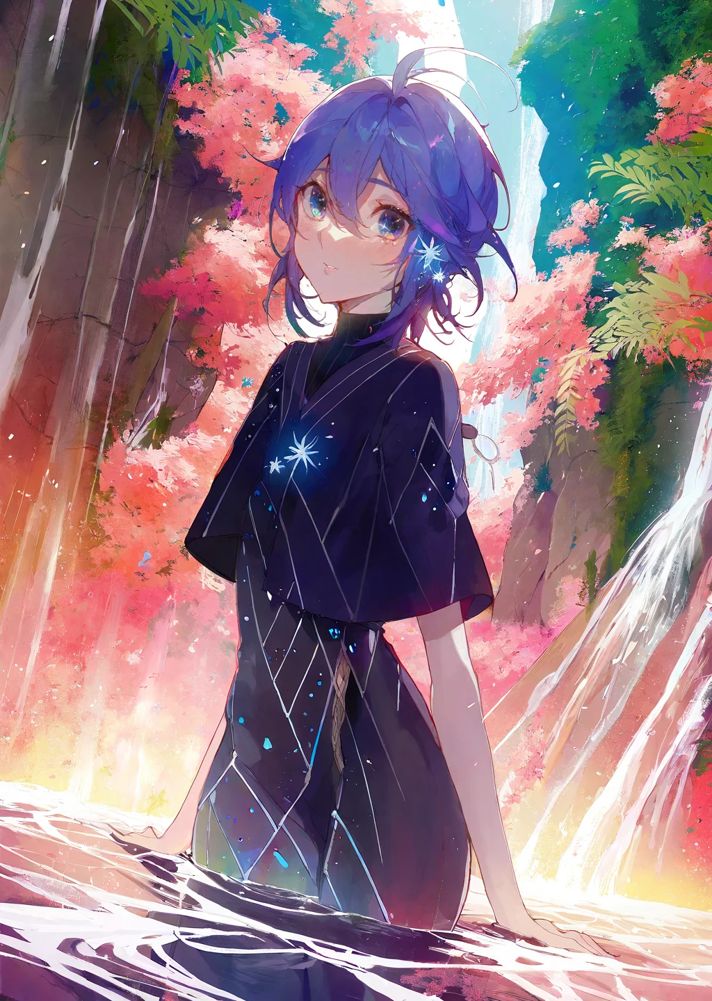 by kuroduki, by yogisya
1girl close up
extremely beautiful detailed piercing eyes,
a girl immersed in a magical garden at twilight. She stands beside a luminous waterfall, cherry blossoms gently falling around her. The soft glow of fireflies and the distant twinkle of stars add an enchanting ambiance to this serene and otherworldly scene
masterpiece, best quality, high quality, highres, absurdres, very detailed, high resolution, sharp, sharp image, 8k, vivid, colorful, stunning, anime