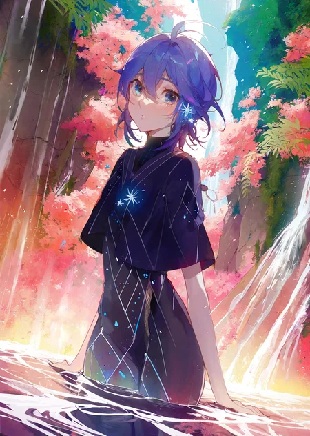 by kuroduki, by yogisya
1girl close up
extremely beautiful detailed piercing eyes,
a girl immersed in a magical garden at twilight. She stands beside a luminous waterfall, cherry blossoms gently falling around her. The soft glow of fireflies and the distant twinkle of stars add an enchanting ambiance to this serene and otherworldly scene
masterpiece, best quality, high quality, highres, absurdres, very detailed, high resolution, sharp, sharp image, 8k, vivid, colorful, stunning, anime