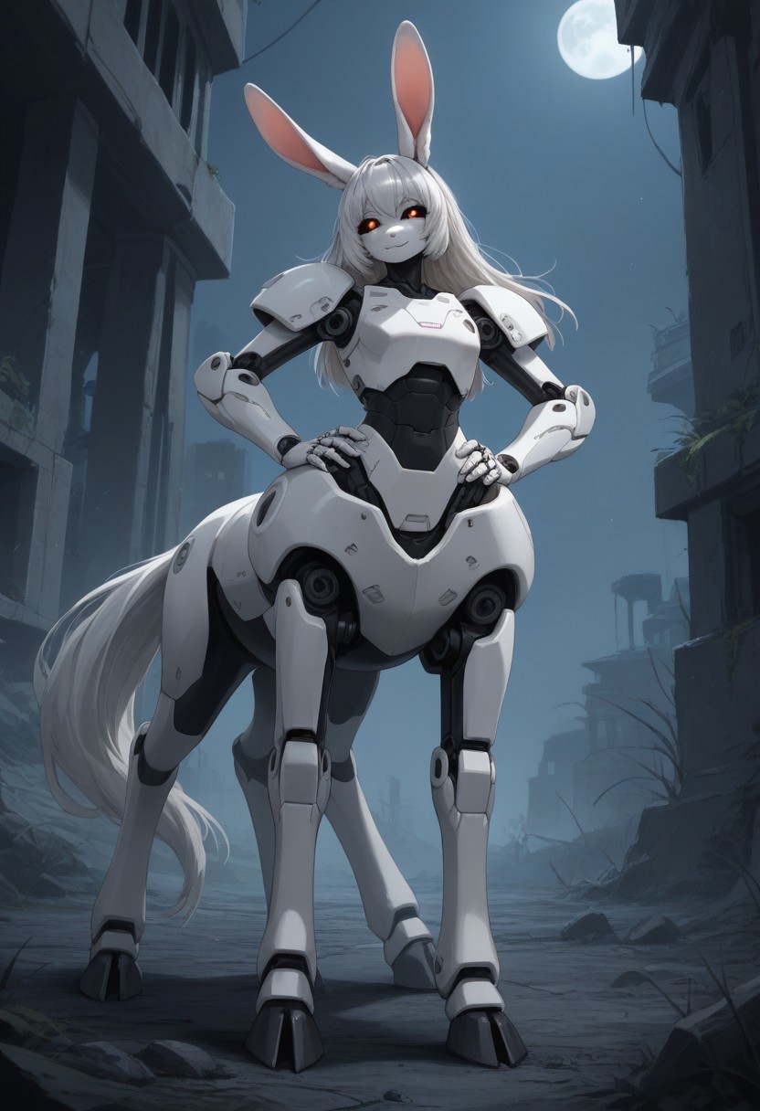 score_9,score_8_up,score_7_up,score_6_up,score_5_up,score_4_up, BREAK Lop rabbit, robot, centaur, solo, smile, industrial ruins, night, hooves, white horse tail, Robot girl, Mecha, Android, mechanical limbs, robot joints, white metal skin, black sclera, no mouth, armor, glowing eyes, furry, white hair, rabbit head, floppy rabbit ears, rabbit nose, hand on hip