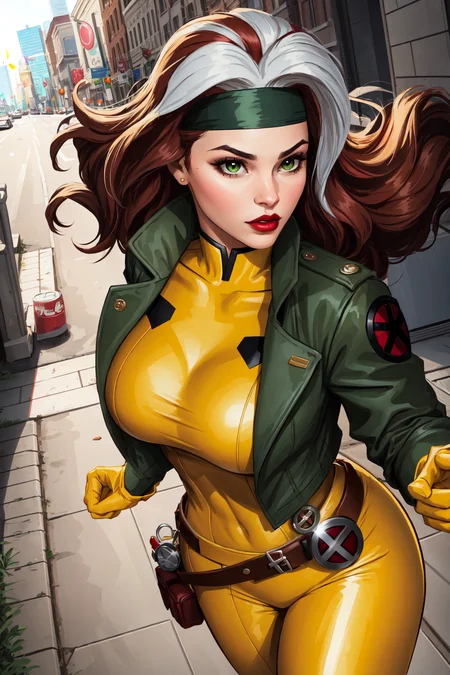 Rogue, Classic, Superhero, Southern Belle, looking at viewer, large breasts, voluptuous, jacket, parted lips,belt, open jacket, lips, covered navel, makeup, headband, outstretched arm, lipstick, multicolored clothes, buckle, belt buckle, red lips, yellow gloves, specular highlights, Rogue of the X-men, nice hands, dynamic angle, dynamic lighting, side lighting, rim lighting, sci fi <lora:Rogue:0.5>