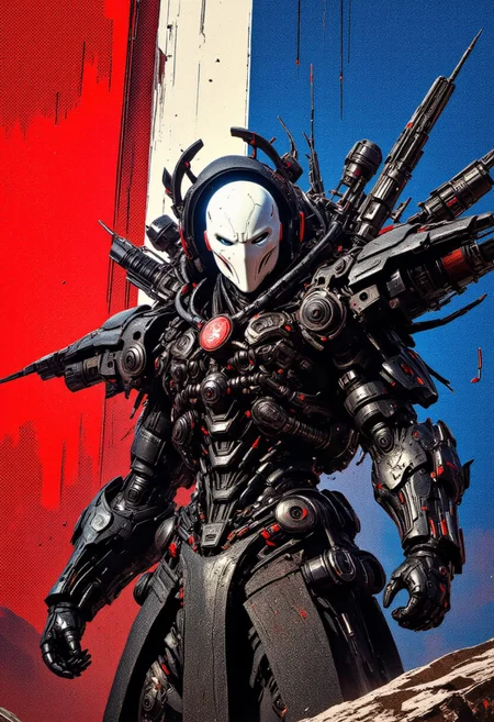 Create a poster reminiscent of the Soviet Union (USSR) era, featuring a sci-fi soldier wearing a (white horror mask). The background should depict an iron wall, with prominent red and blue colors dominating the scene. The poster should have a vintage, propaganda-style aesthetic, with bold and striking visuals that capture the essence of Soviet-era design. The sci-fi soldier should appear heroic and imposing, with a futuristic yet classic look that fits within the historical context. The overall style should be detailed and visually engaging, blending the retro elements of Soviet posters with a sci-fi twist.