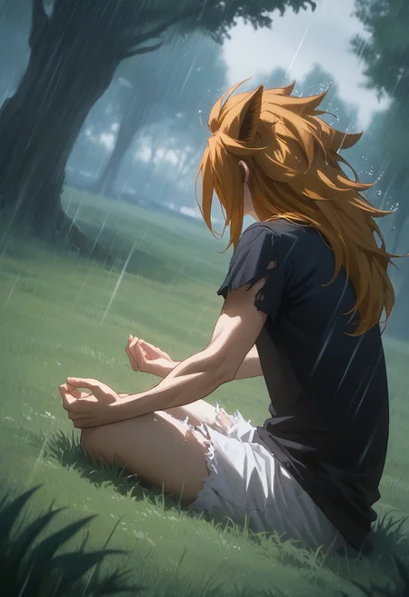 score_9, score_8_up, score_7_up, source_anime, rating_safe, heavy rain, blue-black aura, LeoFT, orange Leo long hair, 1boy, male focus, shirt, shorts, torn clothes, sitting on grass, indian style, blurry outdoor plains, tall grass, 1tree, atmospheric perspective, hands with five fingers, dutch angle, realistic lighting, Expressiveh, hud_m3dit4tion,