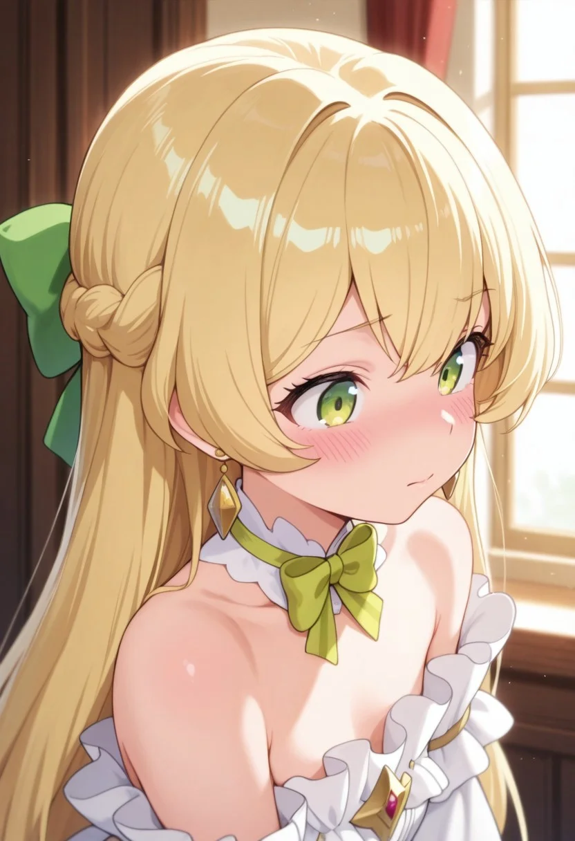masterpiece,best quality,amazing quality, telestia terra esfort, blonde hair, long hair, green eyes, 1girl, solo, jewelry, earrings, bow, blush, dress, green bow, bare shoulders, hair bow, closed mouth