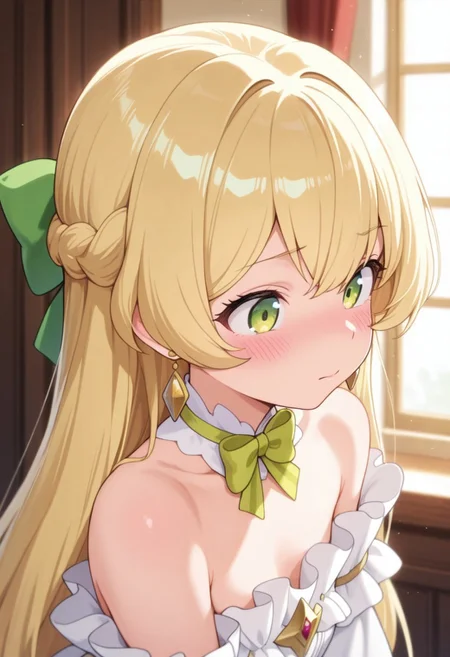 masterpiece,best quality,amazing quality, telestia terra esfort, blonde hair, long hair, green eyes, 1girl, solo, jewelry, earrings, bow, blush, dress, green bow, bare shoulders, hair bow, closed mouth