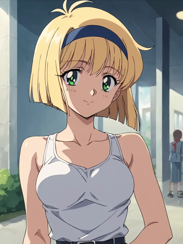score_9, score_8_up, score_7_up, source_anime,masterpiece,best quality,highres,absurdres,official art,official style,source_anime,anime screencap,anime coloring,megami magazine,anime,animated,explicit,
shiny skin,portlait,
<lora:jigokusensei_nube_hosokowa_miki:1> hosokowa_miki, blonde hair, short hair, green eyes,medium breasts,tanktop,