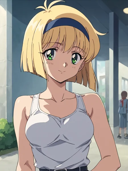 score_9, score_8_up, score_7_up, source_anime,masterpiece,best quality,highres,absurdres,official art,official style,source_anime,anime screencap,anime coloring,megami magazine,anime,animated,explicit,
shiny skin,portlait,
 <lora:jigokusensei_nube_hosokowa_miki:1> hosokowa_miki, blonde hair, short hair, green eyes,medium breasts,tanktop,