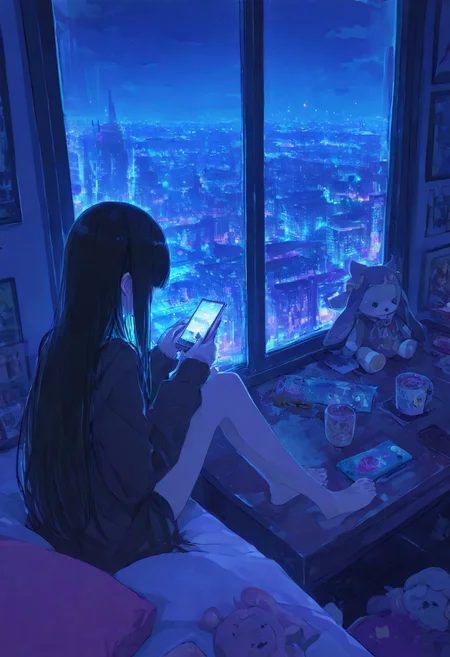 Dragon meteor flying outside the window,,,this woman is in the middle of a beautiful cityscape, all of her memories and feelings of the recent past flood her mind, 1girl, window, indoors, sitting, long hair, scenery, solo, cityscape, barefoot, phone, black hair, city lights, cup, city, stuffed toy, night, holding, bed,  
score_9, score_8_up, score_7_up, source_anime, <lora:Aetherflare_Marks:1>,,xxx667_illu