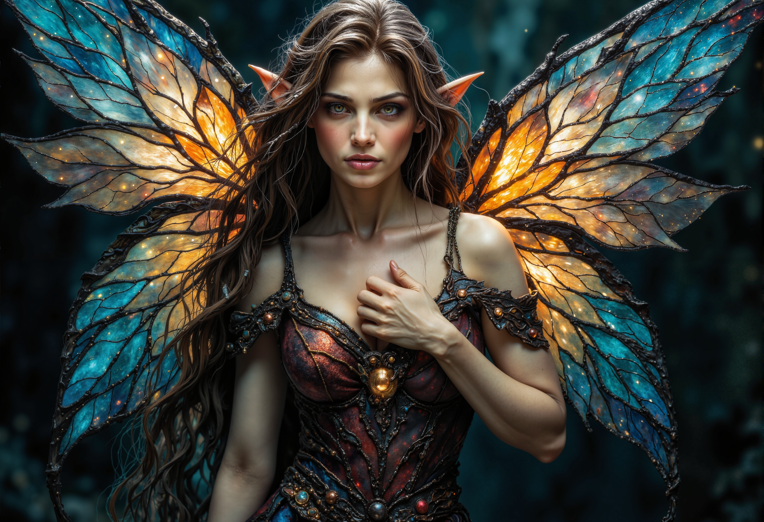 ArsMJStyle, Stained Glass,dark fantasy, eerie,. (A Over-the-shoulder shot:1.5) of a breathtaking young elf with delicate, stained glass butterfly wings, glowing softly as they catch the light. She stands tall and regal with one hand gently placed on her chest, the other extended outward . Her skin is smooth, flawless, and radiant, with a soft, silky texture and no visible imperfections. The stained glass wings shimmer with translucent sections that change color as she moves, capturing the light like a prism. Her expression is serene, with a gaze filled with quiet wonder, while her hair rests softly on her shoulders, shining under the moonlight. Highly detailed, photorealistic, sharp focus, volumetric lighting, realistic shadows, ultra-high definition, and cinematic atmosphere. , <lora:StainedGlassFlux.safetensors:1.0:1.0> <lora:fantasy-flux-v1.safetensors:1.0:1.0> <lora:Flux Darkfantasy_epoch_1.safetensors:0.75:0.75>