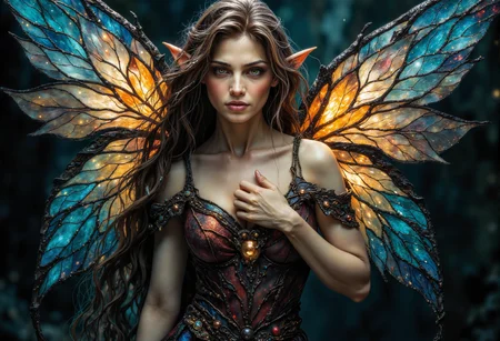 ArsMJStyle, Stained Glass,dark fantasy, eerie,. (A Over-the-shoulder shot:1.5) of a breathtaking young elf with delicate, stained glass butterfly wings, glowing softly as they catch the light. She stands tall and regal with one hand gently placed on her chest, the other extended outward . Her skin is smooth, flawless, and radiant, with a soft, silky texture and no visible imperfections. The stained glass wings shimmer with translucent sections that change color as she moves, capturing the light like a prism. Her expression is serene, with a gaze filled with quiet wonder, while her hair rests softly on her shoulders, shining under the moonlight. Highly detailed, photorealistic, sharp focus, volumetric lighting, realistic shadows, ultra-high definition, and cinematic atmosphere. , <lora:StainedGlassFlux.safetensors:1.0:1.0> <lora:fantasy-flux-v1.safetensors:1.0:1.0> <lora:Flux Darkfantasy_epoch_1.safetensors:0.75:0.75>