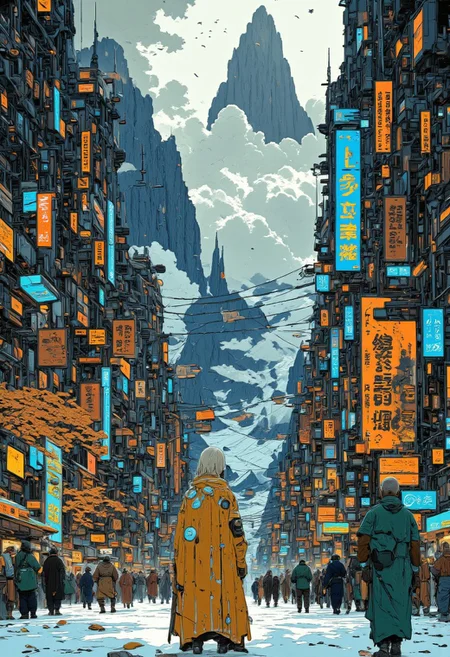 highly detailed digital illustration depicting a futuristic urban scene. The central figure is a blonde woman standing in the centre of a street, facing the viewer. We can see her face. She wears futuristic interesting clothing featuring bright iridescent and neon elements. Hawkers on the street, lots of stalls. The background features towering, multi-story buildings on both sides, packed tightly together, creating a narrow street. The buildings are covered in a myriad of neon signs in various colors, including orange, yellow, and blue, emitting a warm glow that contrasts with the cold, dark sky above. Wires connecting the buildings. The sky is filled with dense, dark clouds, and a few birds are seen flying in the distance. Beautiful sunny autumn day, a few leaves blowing around and creating a cosy atmosphere. The overall color palette is a mix of cool blues, grays and orange tones with warm, vibrant neon lights. The illustration style is highly detailed and realistic, with a focus on textures and lighting. visually captivating contrast, science fiction theme, detailmaximizer