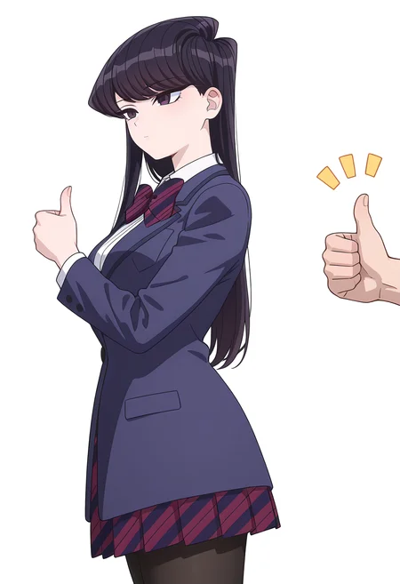 Smooth Quality,masterpiece,very intricate, high quality details, ultra realistic, high detailed skin,detailed enviorement,
simple background, white background,
from side,thumbs up,^o^,expressionless,
<lora:Komi_Shouko_cnn:0.8>
komi shouko, 1girl,black hair, long hair, bangs, purple eyes,
school uniform, white shirt,striped bowtie,striped skirt, pleated skirt, jacket,black pantyhose,