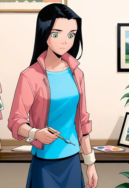 score_8, score_8_up, score_7_up, source_cartoon, the_bt, 1girl, female focus, solo, Caitlin_PP, black hair, long hair, green eyes, small breasts, blue shirt, jacket, pink jacket, zipper, open jacket, sleeve cuffs, skirt, white socks, cowboy shot, indoors, wall, painting (object)