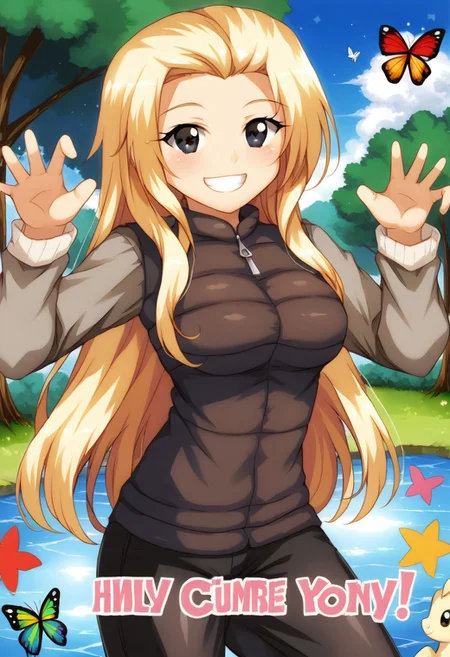 cute, kawaii, 2000s anime, moe anime, 2000s anime style, moe anime style, <lora:ALTXL_pony_0061_8:6>, dire, direpony, score_8_up,score_7_up, 1girl, long hair,blonde hair, slicked back hair, black eyes, black pants, demure, eyeliner, facing viewer, looking at viewer, parka, sunshine, hapiness, rainbows, butterflies, big smile, big grin, happy pose, sunbeams, trees, water, cute, kawaii, cutecore, kawaiicore, cutegore, kawaiigore, colorful stars, pastel colors, hearts, rainbow, rainbow text,