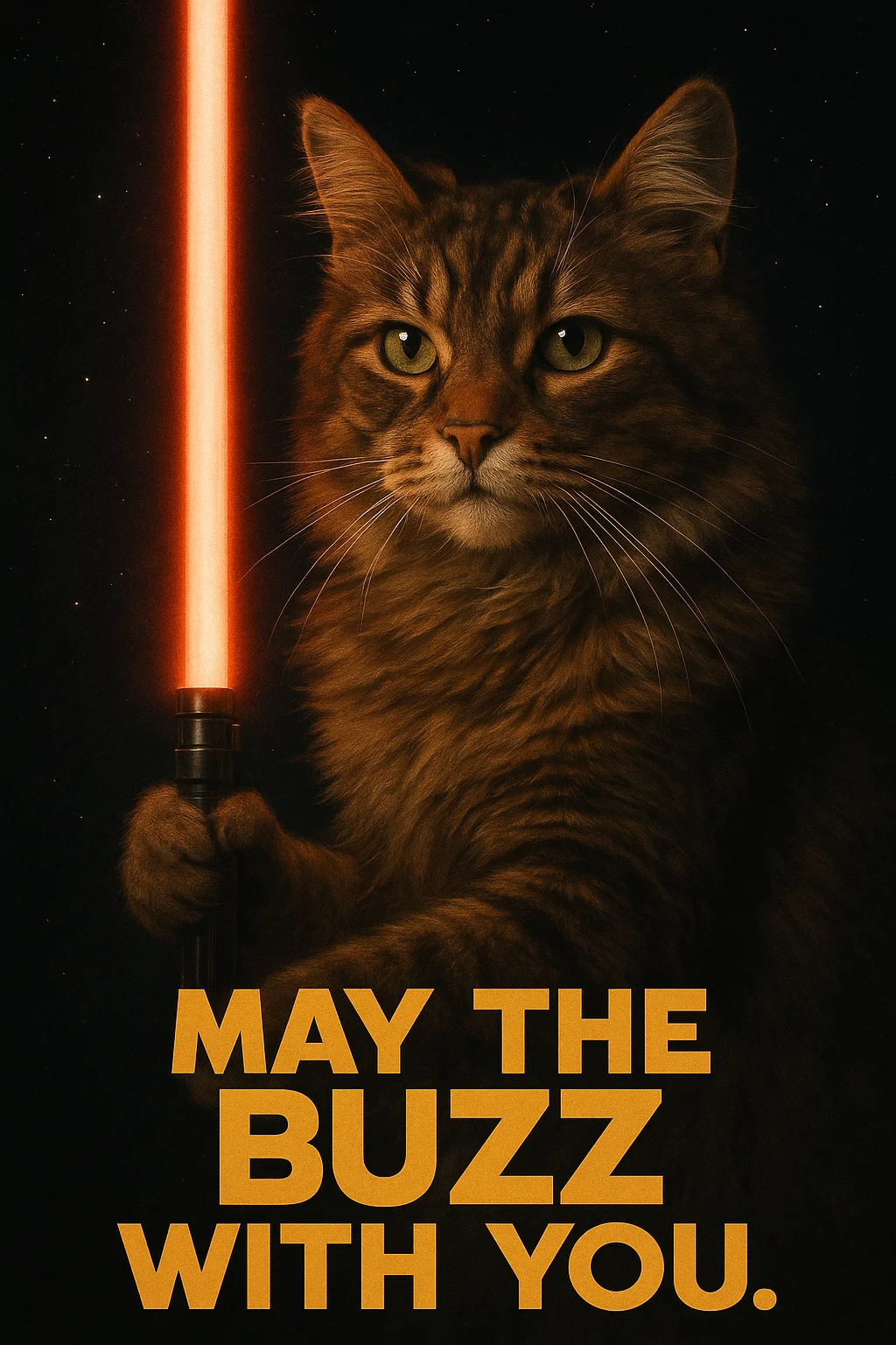 realistic, Cat with lightsaber, stylish film cover text, (text / ''MAY THE BUZZ WITH YOU.'' ) , darkness space background,