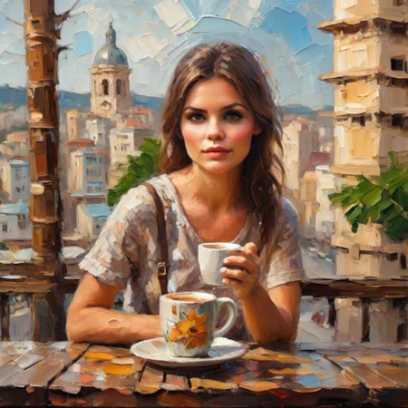 bichu,masterpiece,palette knife painting,oil painting,cinematic scene, 20 year old girl, sitting at outdoor cafe balcony, high rise city background, holding coffee cup pausing for a sip, sunshine lighting her face, relishing the aroma, focused placid expression, wearing stylish sundress, natural makeup look, intricate wood table details, compatibility and coziness, soft bokeh of traffic below, extremely detailed portrait, photorealistic materials, contentment during me-time, high resolution, shallow depth of field