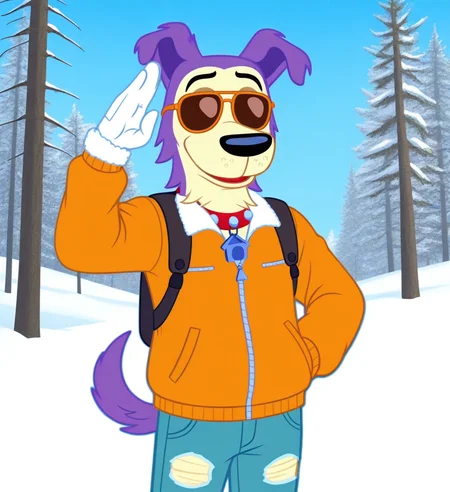 high resolution, best quality, 4k, solo, male, hiking, torn jeans, aviator jacket, aviator shades, salute, snow, winter forest background, colored outline, <lora:Lucky_-_Pound_Puppies_Modern_IL:1> ppluckypp, canid, animal ears, big snout, pale skin, purple fur, two tone fur, black nose, floppy ears, eyebrows, toony, collar tag, tail, anthro, athletic