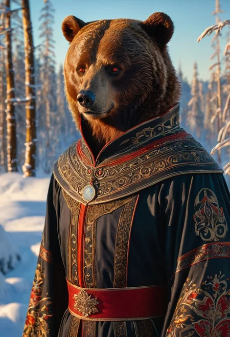 (A bear in monastic clothes with glowing eyes) (ingenious opus magnum by Michael Vincent Manalo and Elvira Vigna:1.2), (pastel oil painting:0.1), high key with glistening light, cosmic anddireful and dramatic atmosphere, (zestful quinacridone nickel azo gold and electricblue color swatch:0.1), raw details, crisp details, bokeh lights, <lora:xl_more_art-full_v1:0.6> ,analog photo, full body,,  exposure compensation "-1.5 ev", shutter priority shooting mode, symmetry and balance, focus mode single, spot metering, aesthetic of precisionism, forward-thinking unrivaled opus, meticulous details, healing art atmosphere, depth of field (dof), (anthraquinone blue and red colors:0.1), <lora:MJ52:0.35><lora:hair_with_scenery:1>folk costumes (Carey Hannah Mulligan:1,2) (8k, RAW photo, highest quality), hyperrealistic, intricate abstract, intricate artwork, otherworldly, mesmerizing parallel dimension, gravity defies logic, abstract masterpiece, interplay of floating objects, distorted silhouettes, vivid hues, ethereal light, highly detailed,,,Leica Q2 with Summilux 35mm f/1.2 ASPH, (oil on canvas:0.2), , art by Jeremy Mann, god rays, dramatic light,    ,  (art by Eduard Wilhelm Pose and Master of the Holy Blood and Ivan Bilibin:1.1), (oxygen-rich air and sheltered atmosphere, snowy, aesthetic of hard - edge painting:0.1), symmetry and balance, pioneering unparalleled masterwork with superior details, <lora:MJ52:0.90> <lora:xl_more_art-full_v1:0.4> <lora:RMSDXL_Creative:1>