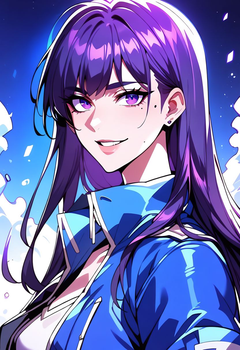score_9,score_8_up,score_7_up,score_6_up, easynegative, Magnus_PS, 1girl, long hair, looking at viewer, purple eyes, purple hair, bangs, smile, mole under eye, blue jacket, upper body, parted lips, teeth, from side, epiCPhoto