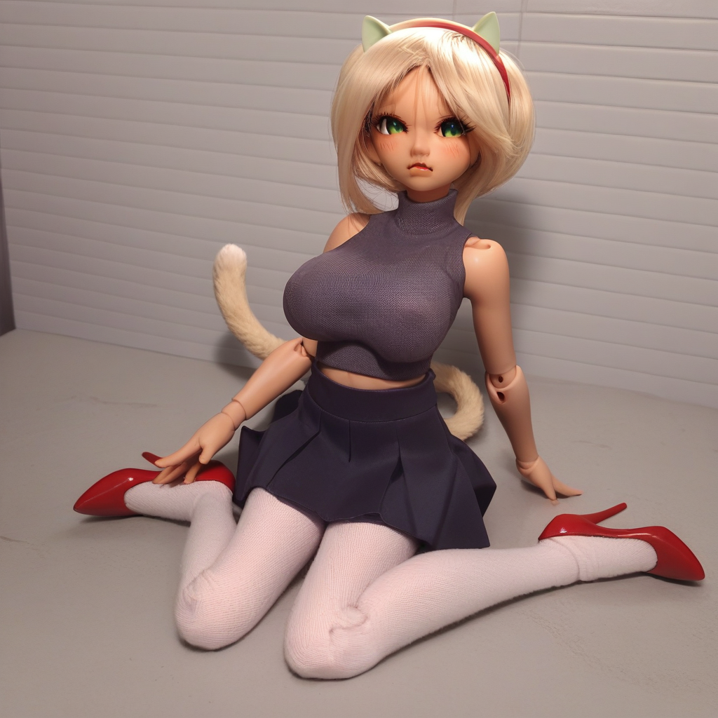 score_9, score_8_up, score_7_up, large breasts, green eyes, blonde hair, hair ornament, red headband, sleeveless shirt, black skirt, white leggings, high heels, doll joints, joints, animal ears, cat, tail, cat ears, cat tail, cat girl, animal ear fluff, looking at viewer, fang, animal, tail raised, nipples, embarrassed, blushing, detailed eyes, masterpiece, cohesive