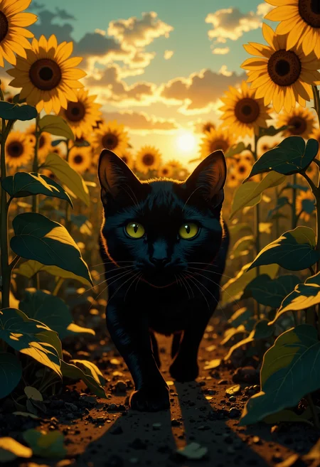 Anime art, dim light, Low key, Chiaroscuro, partially covered in shadow, dramatic shadow. A beautiful black cat with silky fur prowls through a vast field of sunflowers at sunset, its sleek form weaving gracefully between the towering stalks. The golden blooms sway gently in the evening breeze, their broad faces tilting toward the sun's waning light. The cat's midnight-black coat gleams subtly in the dim glow, absorbing the last golden rays. Its eyes, a striking shade of luminous green, reflect the fiery hues of the sky, shimmering with curiosity and wonder. Each deliberate step carries a quiet elegance, as if the feline dances between worlds—half-shadow, half-light.

The dimming sky paints the scene in rich contrasts—sharp beams of gold slice through the dense forest of stems, illuminating patches of soil and fallen petals, while shadowy alcoves cradle the mysteries of the field. Chiaroscuro emerges vividly in the interplay of light and darkness, accentuating the cat’s fluid, sinuous form as it moves with feline grace. The velvety black of its fur stands out against the muted yellow of the sunflower petals, creating a mesmerizing harmony between the softness of nature and the sharp definition of twilight shadows. The cat, both ethereal and grounded, seems to command the landscape simply by existing within it.

Color grading imbues the scene with cinematic depth, enhancing the tension between the fading warmth of the sunset and the encroaching coolness of night. The cat pauses momentarily, ears flicking toward a distant rustle as the sky bleeds from gold to deep indigo. Its whiskers catch the faint light, shimmering like silver threads in the fading glow. Amid the towering sunflowers and the last embers of daylight, the black cat becomes a living embodiment of grace and mystery—a fleeting presence in a timeless field, where the dance between light and shadow holds endless wonder.