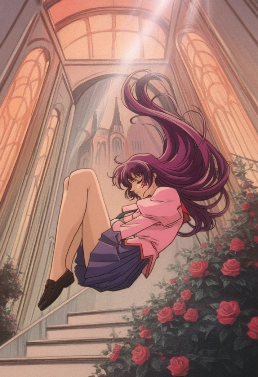 ut3n4,retro artstyle,from_below, fetal position,
1girl,senjougahara hitagi, purple hair, blue eyes, long hair,naoetsu high school uniform, pink shirt, pink jacket, long sleeves, juliet sleeves,necktie,
eyes closed,legs folded,
falling, stairs, spiral staircase, flower, floating hair, window, stained glass, gothic architecture, architecture, light rays, skylight, light particles, glass ceiling, sun, sunbeam, colorful, sunset,dappled sunlight, clock tower,bush,tree,potted plant, castle,
rose, red rose, pink rose, white rose, blue rose, petals, falling petals
masterpiece,best quality,amazing quality,very aesthetic,absurdres,sensitive,newest,very awa,