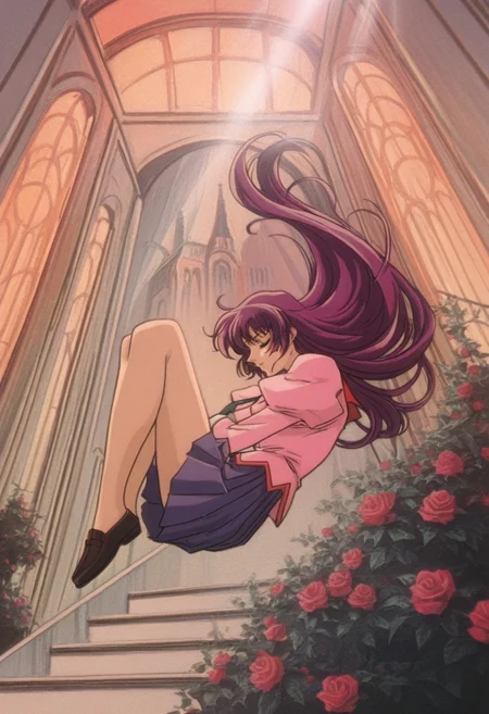 ut3n4,retro artstyle,from_below, fetal position,
1girl,senjougahara hitagi, purple hair, blue eyes, long hair,naoetsu high school uniform, pink shirt, pink jacket, long sleeves, juliet sleeves,necktie,
eyes closed,legs folded,
falling, stairs, spiral staircase, flower, floating hair, window, stained glass, gothic architecture, architecture, light rays, skylight, light particles, glass ceiling, sun, sunbeam, colorful, sunset,dappled sunlight, clock tower,bush,tree,potted plant, castle,
rose, red rose, pink rose, white rose, blue rose, petals, falling petals
masterpiece,best quality,amazing quality,very aesthetic,absurdres,sensitive,newest,very awa,