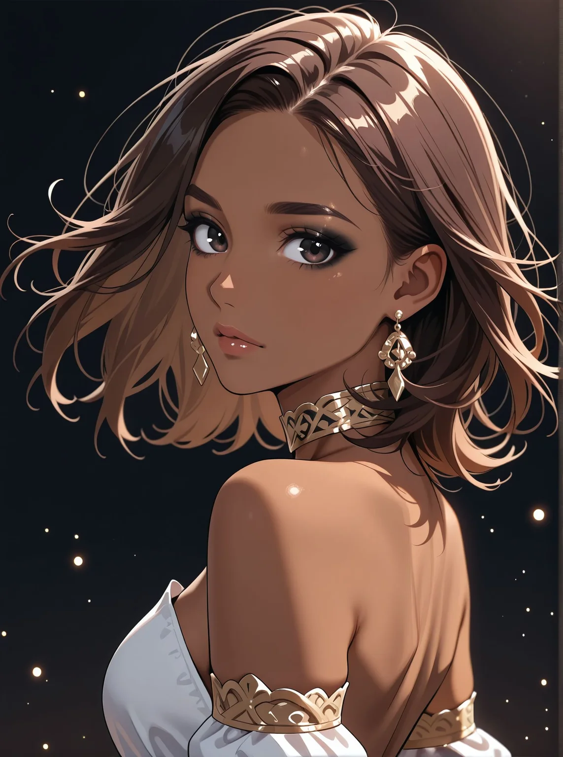 woman, looking at viewer, dark background, bare shoulders, choker, black eyeliner, eyeshadows, suspended particles, detached sleeves, elegant outfit, earrings, side view,, <lora:Woomy 4 IL:0.8> tanned skin, dark skin, dark eyes, brown hair, medium hair,