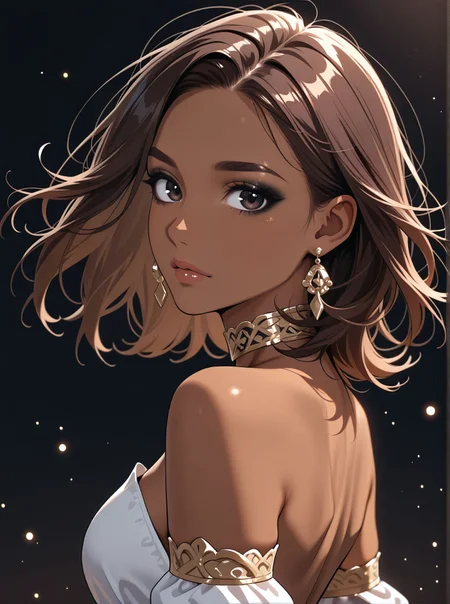 woman, looking at viewer, dark background, bare shoulders, choker, black eyeliner, eyeshadows, suspended particles, detached sleeves, elegant outfit, earrings, side view,, <lora:Woomy 4 IL:0.8> tanned skin, dark skin, dark eyes, brown hair, medium hair,