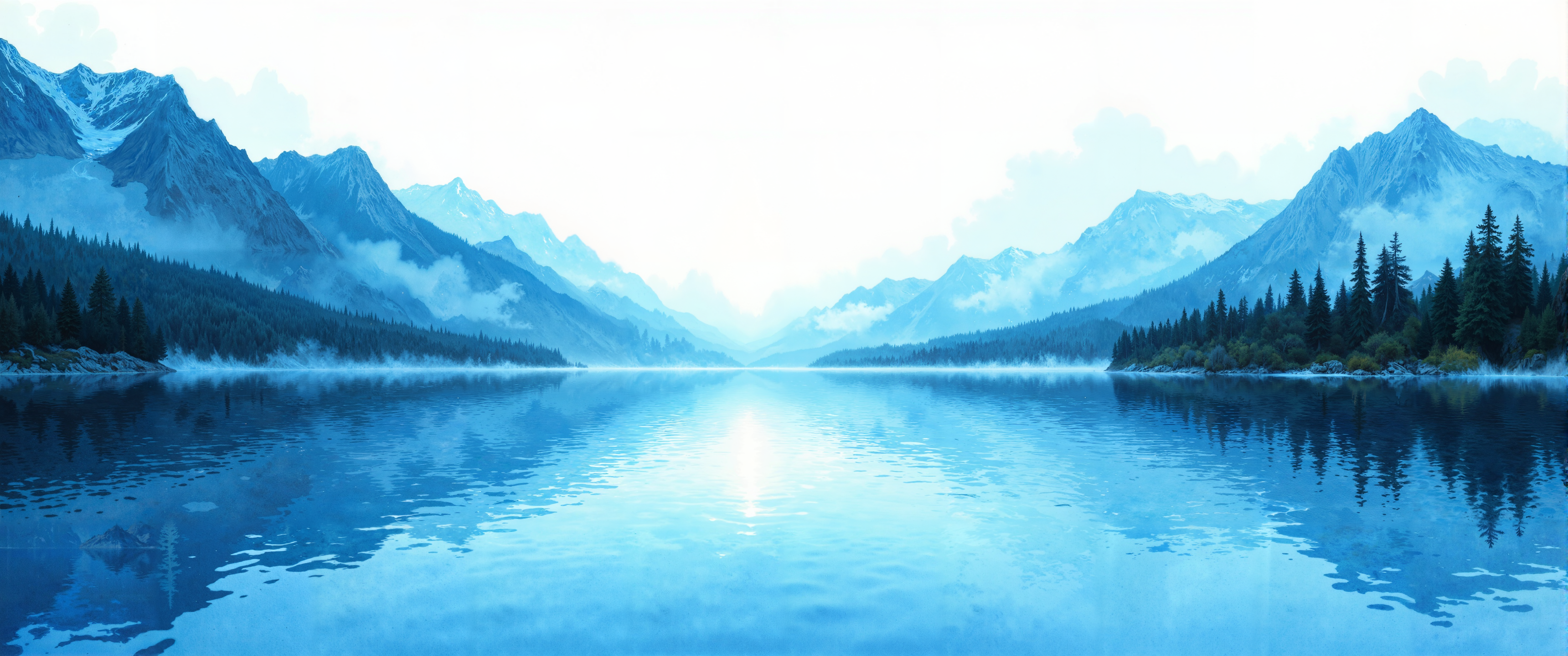 Shimmering watercolor rendition of a solitary mountain lake, where reflected peaks dissolve into rippling cerulean waters. Bleeding colors transition from deep indigo depths to light azure shallows, pigments flowing and mingling with spontaneous wet-on-wet technique. Paper texture visible through translucent washes, creating luminous highlights where the morning light caresses the water's surface. Soft, diffused edges blur the boundary between mountain and reflection, creating ethereal symmetry. Delicate white spaces preserved for light refractions, surrounded by loose, gestural brushstrokes suggesting pine trees along distant shores. Granulating pigments create subtle texture in shadowed areas, while controlled blooms add atmospheric mist rising from the water. Masterful color modulation captures the crystalline clarity of mountain air, with hints of warm ochre and violet in the atmospheric perspective. Morning light filters through the composition with watercolor's signature translucent glow. <lora:ck-painterly-fantasy-000017:0.8> <lora:flux_floralizer:0.3> <lora:flux_dev:1>