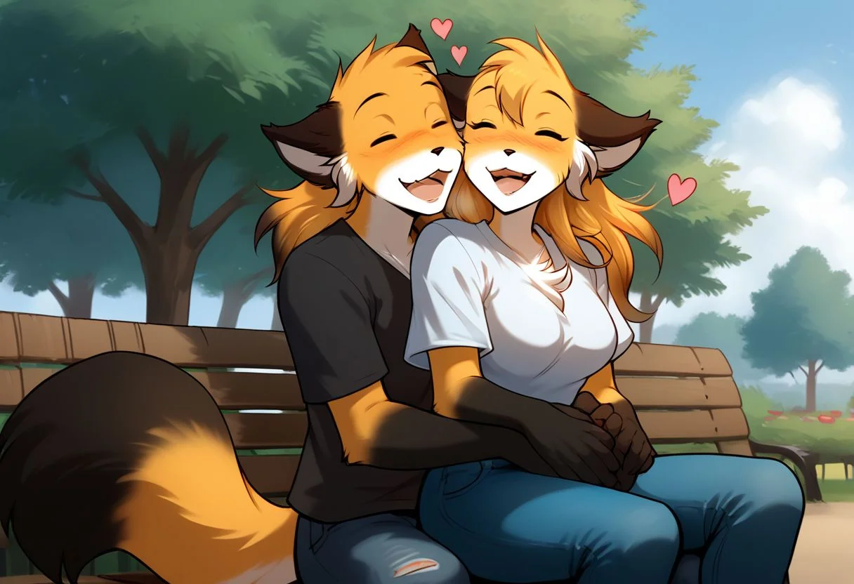 score_9, score_8_up, score_7_up, score_6_up, source_furry, rating_explicit, duo, duo focus, anthro male fox, fox, anthro, Perfect Hands, 1boy, happy expression, laughing, park, Sitting on a bench, thin waist, flat stomach, lean, expressive cumming, eyes contact, black T-shirt, jeans
BREAK
score_9, score_8_up, score_7_up, score_6_up, source_furry, rating_explicit, duo, duo focus, female, mike-twokinds, Perfect Hands, 1girl, happy expression, laughing, room, Sitting on the guy's lap, thin waist, flat stomach, lean, eyes close, furry fox paws, white T-shirt, cute shorts, floating hearts, medium breasts