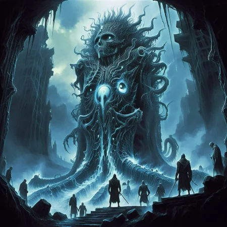 score_9, score_8_up, score_7_up, A group of explorers standing in awe before a massive ancient tomb, its towering entrance adorned with mysterious carvings and glowing runes. They are oblivious to the danger of a lurking cosmic horror, hidden in the shadows above. The creature has a surreal, monstrous form, with tentacles and countless glowing, unblinking eyes watching the explorers unknowingly. The scene is illuminated by faint torchlight and eerie bioluminescence from the tomb, creating a suspenseful and foreboding atmosphere. The environment is filled with ancient, cracked stone, overgrown vegetation, and a misty, otherworldly glow
