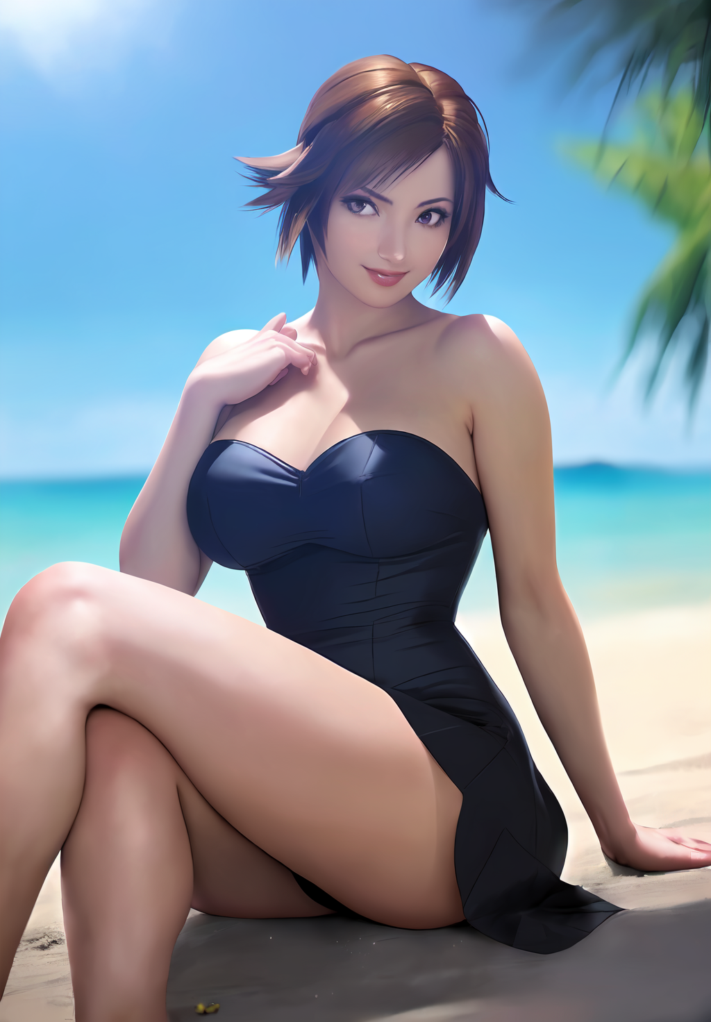 (Photo:1.3), highdetail, <lora:kazama_asuka:0.8>, kazama_asuka, 1girl, solo, sitting, smirk, formal dress, Dark red, gray, and black colors, vibrant colors, (summer, sunny weather:1.3), medium intensity lighting, (Soft focus:1.3), (acclaimed, alluring, captivating, exciting, gorgeous, striking:1.3), (ultra realistic, sharp focus:1.3)