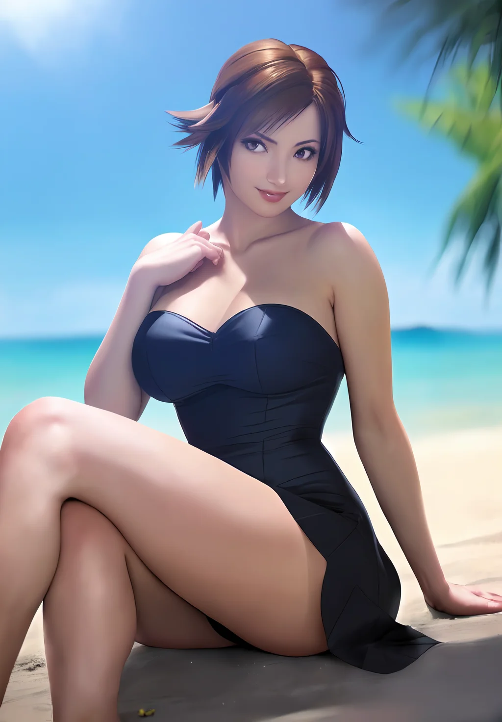 (Photo:1.3), highdetail, <lora:kazama_asuka:0.8>, kazama_asuka, 1girl, solo, sitting, smirk, formal dress, Dark red, gray, and black colors, vibrant colors, (summer, sunny weather:1.3), medium intensity lighting, (Soft focus:1.3), (acclaimed, alluring, captivating, exciting, gorgeous, striking:1.3), (ultra realistic, sharp focus:1.3)