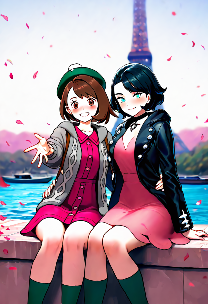masterpiece, best quality, medium breasts, (curvy),   BREAK, 2girls, zzMarnie, aqua eyes, black hair, black choker, red ribbon, pink dress, jewelry, black jacket, open clothes, long sleeves, Gloria (pokemon), brown hair, brown eyes, green hat, grey cardigan, hooded cardigan, cable knit, pink dress, green socks, long sleeves, collared dress, blush, happy, arm around waist, hand towards viewer, ,curvy, <lora:MarnieGloriaPokemon_NAI:1.0>,  <lora:EiffelTower_NAI:1.0>,  zzEiffelTower in background,  sitting, watercraft, boat, sitting on wall, side view, looking at viewer, smile,,, blooming stars, luminescent petals, otherworldly fragrance blurry background,