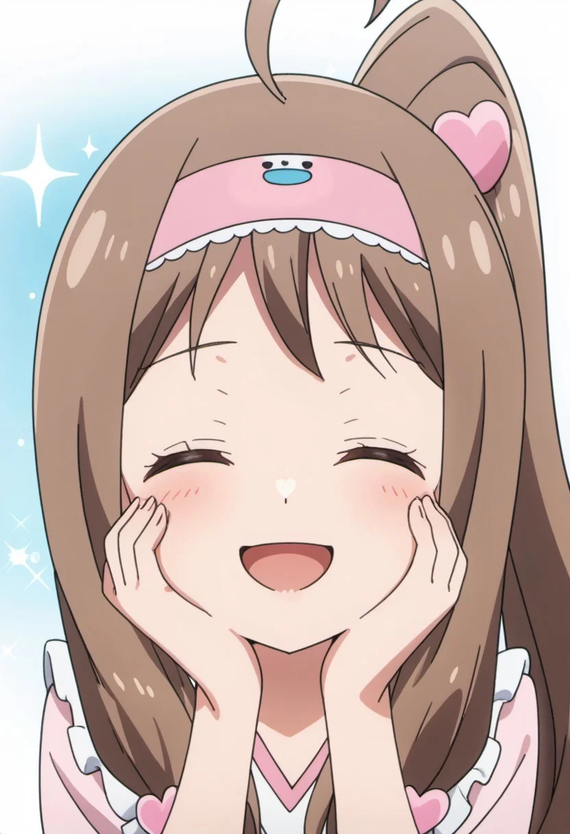 score_9, source_anime, hayase kinue, long hair, brown hair, 1girl, > <, solo, hairband, ahoge, closed eyes, open mouth, hands on own face, hair ornament, heart, smile, hands on own cheeks, ponytail, sparkle