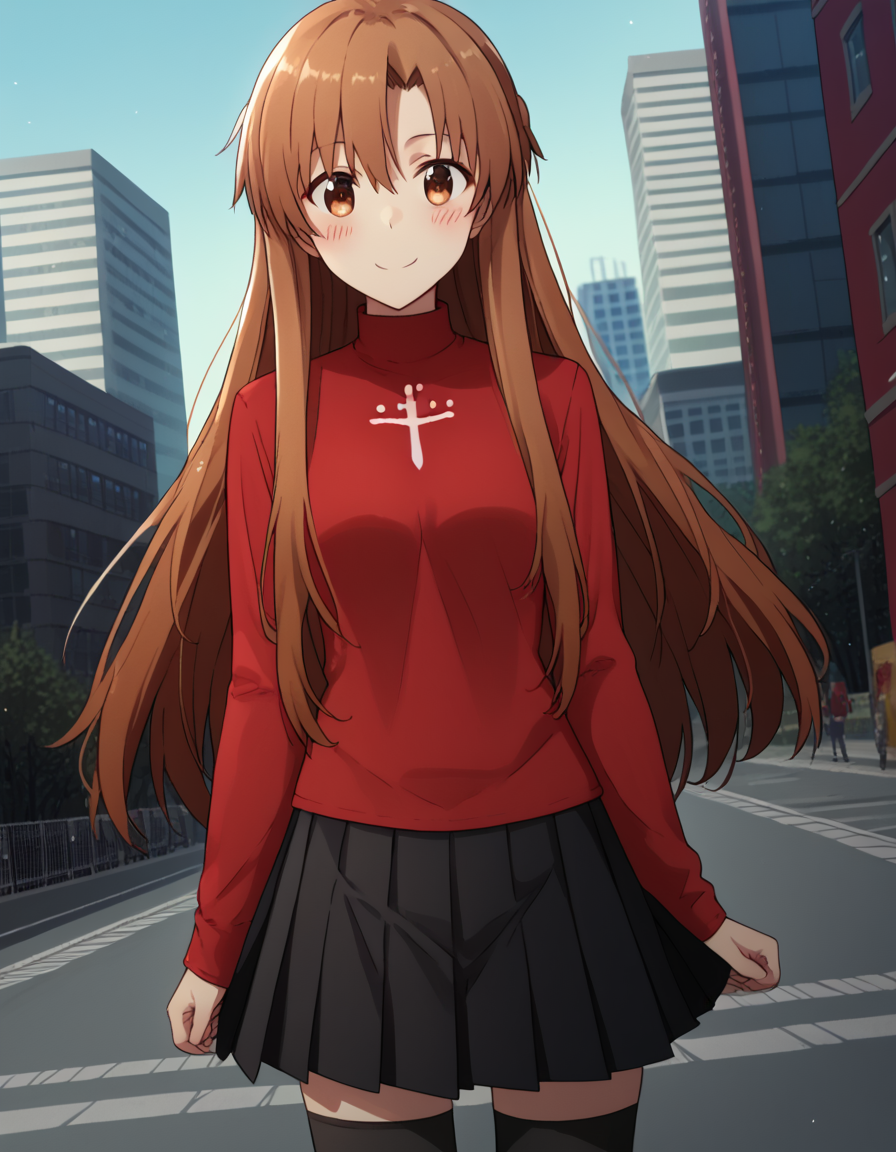 score_9, score_8_up, score_7_up, source_anime, asunayuuki, <lora:asuna-yuuki-s1-ponyxl-lora-nochekaiser:1>, asuna yuuki, long hair, brown hair, brown eyes,, <lora:rin-tohsaka-cosplay-ponyxl-lora-nochekaiser:1>, rintohsakacosplay, tohsaka rin \(cosplay\), black skirt, black thighhighs, long sleeves, miniskirt, pleated skirt, red sweater, skirt, sweater, thighhighs, turtleneck,, cityscape, street, smile, blush,, cowboy shot, dutch angle, solo,