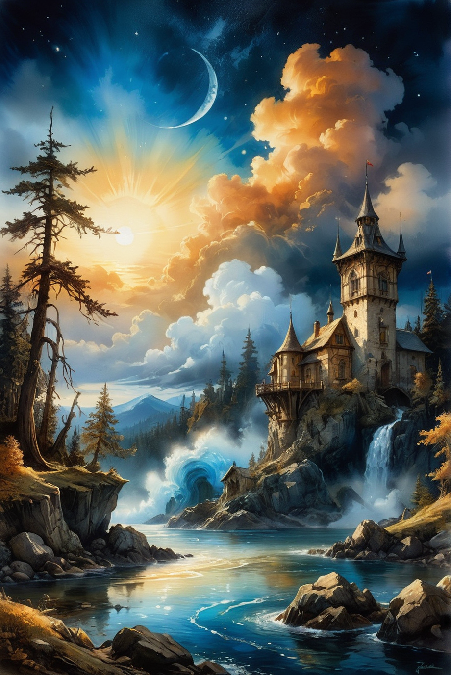 Hyperrealistic dreamscape watercolor painting in 32k resolution, capturing the essence of a masterpiece with hyper-detailed and ultra-realistic elements. This artwork embodies perfect composition and chiaroscuro, reminiscent of Rembrandt's style. It blends fantasy imagery with the concept art brilliance of Jarek Kubicki, Raphael Lacoste, John Pitre, Karine Eibatova, Ralph Blakelock, Julie Bell, Jim Warren, and Aleksey Savrasov. The painting is vibrant and beautiful, showcasing painterly techniques with detailed and textural artistic quality. It exudes a surreal, ethereal, and dreamy atmosphere, mysterious and fantastical, with extremely high-resolution details and photographic realism pushed to the extreme, achieving an incredibly lifelike and fine texture.
hyperrealistic dreamscape watercolor painting, 32k resolution, masterpiece, hyper-detailed, ultra-realistic, perfect composition, chiaroscuro, fantasy imagery, concept art, vibrant, beautiful, painterly, detailed, textural, artistic, surreal, ethereal, dreamy, mysterious, fantasy, highly detailed, extremely high-resolution details, photographic realism, fine texture, incredibly lifelike.
<lora:add-detail-xl:1.0>,
<lora:quality1:1.0>,
<lora:extremely_detailed:1.0>, extremely detailed,
<lora:EldritchMixIllustration_1.1:0.6>,
<lora:watercolor:0.5> watercolor,
<lora:EnvyInkSwirlXL01:0.25> swirling ink,