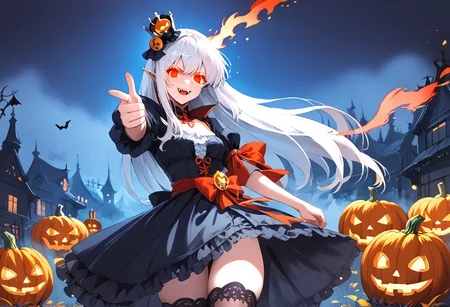 (masterpiece), (score_9, score_8_up, score_7_up,source_anime), 4K8K,
(from front), misty, steam, fog, Floating Halloween pumpkins,
halloween, halloween fantasy,
Japanese cute woman, (solo), (white sikin:1.3), vampirequeen, (finger gun, pointing at viewer:1.4), burning pumpkin, (dark aura:1.4), (smirk, half-opened mouth, Canine, tooth, fang1.2),
(medium figure:0.9), (pointy breasts:1.1),
(white hair, verry long hair), (red glowing eyes, slanted eyes:1.2),
(wearing vampire cos, dress, makeup, red and black dress, zettai ryouiki, thighhighs:1.2),
(BloforMB, red theme, scenery at dark night:1.3), elf ears,