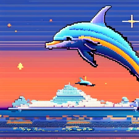(bitdolphins:1) a pixel art style image of a dolphin jumping out of the water <lora:djzBitDolphinV21_LoraBooth:1>