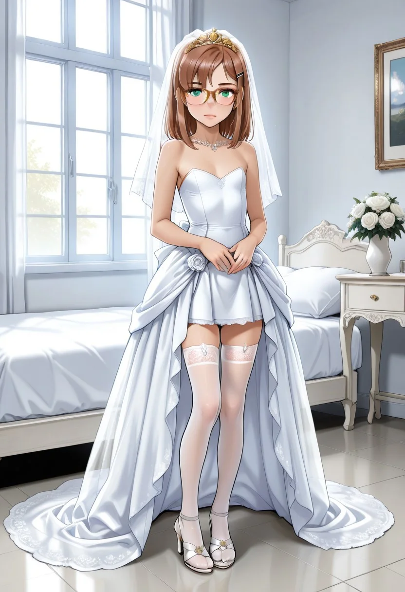 score_9, score_8_up, score_7_up, score_6_up,,bedroom,,, , ,
l1lm3g4n, 1girl, solo, glasses, green eyes, hairclip, brown hair, perfect Small flat chest natural breasts; standing, Full body,
Wedding dress, Wedding veil, Golden tiara, White Wedding stockings, white high heels sandals, high heels