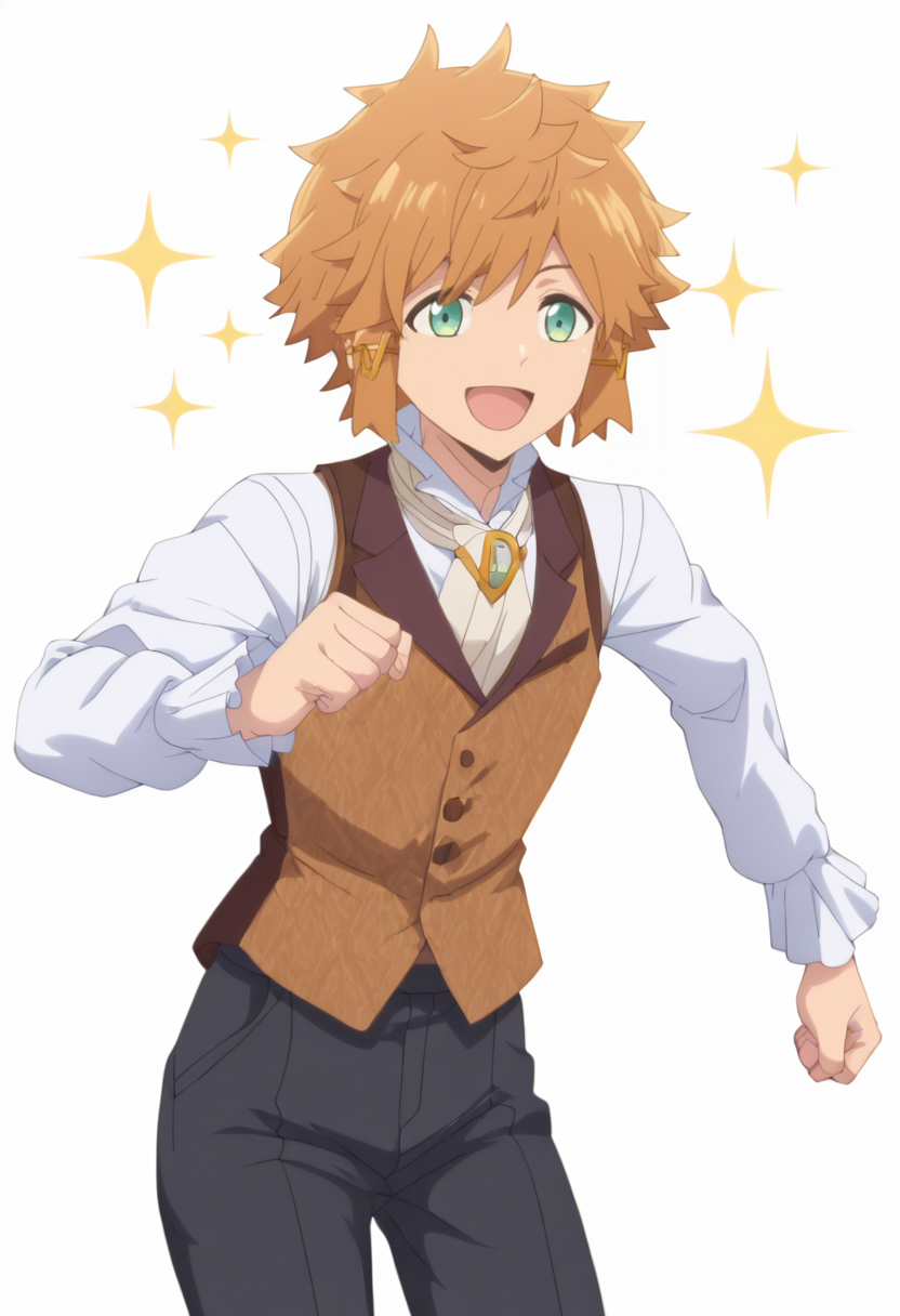 masterpiece,best quality,newest,absurdres,highres,lloyd belladonna,solo,smile,open mouth,shirt,white background,1boy,holding,white shirt,male focus,:d,cowboy shot,pants,vest,(ascot:1.1),black pants,clenched hand,running,brown vest,waistcoat,anime screenshot,<lora:lasdanV2_noob:1>,sparkle,