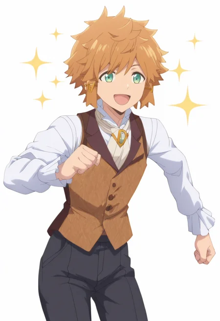 masterpiece,best quality,newest,absurdres,highres,lloyd belladonna,solo,smile,open mouth,shirt,white background,1boy,holding,white shirt,male focus,:d,cowboy shot,pants,vest,(ascot:1.1),black pants,clenched hand,running,brown vest,waistcoat,anime screenshot,<lora:lasdanV2_noob:1>,sparkle,