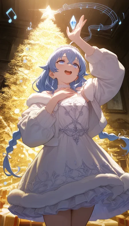 (masterpiece, best quality), best score, best anatomy, ultra deitailed, amazing quality, very aesthetic, absurdres, highres, newest, HDR, 8K, high detail RAW color art, high contrast, bright face, large pupil, eyelashes, brilliant skin, shiny skin,
1girl, roxy migurdia \(mushoku tensei\), blue eyes, blue hair, ahoge, earring, tiara, mature female, gorgeous, luxurious, winter dress, indoors, cowboy shot, looking at viewer, look up, smile, round teeth, Merry Christmas!, musical note, music effect, bloom, singing, dim lighting, Christmas tree, snow crystal, <lora:θε‘γ:0.4>, <lora:ponyv5_noobV065S_1:0.55>, <lora:spo_sdxl_10ep_4k:0.6>, <lora:GBF_Illustrious:0.4>, <lora:MeMaXL4:0.8>