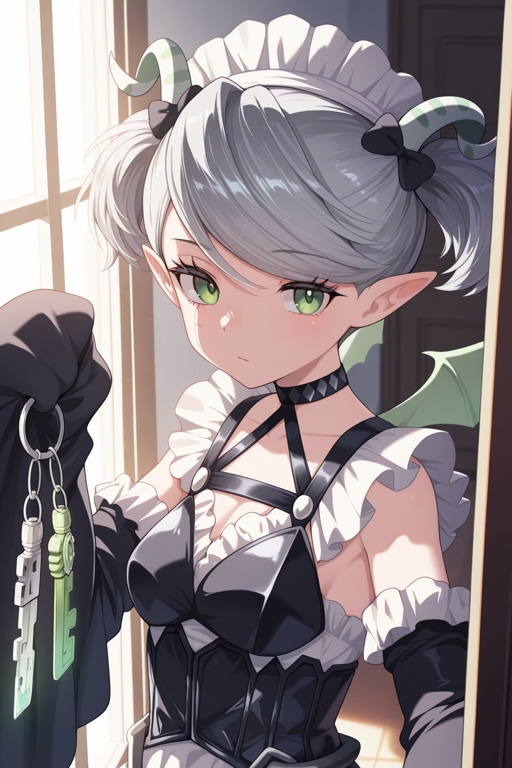 1girl,
AriannaTheLabrynthServantYu-Gi-Oh,
general, solo, upper body,
green horns, grey hair, short twintails, green eyes, eyelashes,
pointy ears, wings, 
maid, hair bow, maid headdress,
black choker, black dress, frilled dress, black corset,
detached sleeves, black sleeves, sleeves past fingers,
maid apron,
looking at viewer, holding, keyring, open door,
indoors, white theme,
<lora:kp_AriannaTheLabrynthServantYu-Gi-OhIllustrious_v1_0:1.0>,
masterpiece, best quality, amazing quality