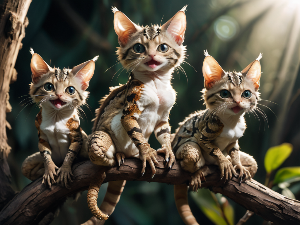 high-resolution photo of a family of lizard-cat-beasts sitting on a branch, long_tongues, big_eyes,highly detailed fluffy fur and scaly_skin, cat-ears,frills, lizard-cat-tails, analog film,  film photography, soft lighting, heavy shadow, 16k HDRI, sharp focus, lots of detail, cinematic dynamic lighting