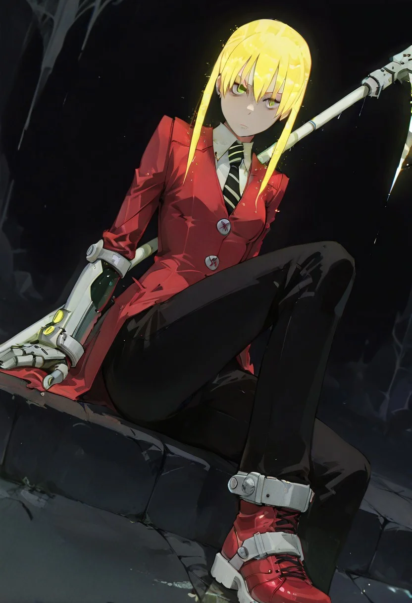 stunning female crusader knight, (sexy, slutty, hot, aroused),
1girl,maka albarn, green eyes, blonde hair, twintails, \(soul eater\), upturned eyes, 18 year old, silk blonde hair, stunning female sci-fi female angel, ,wabi sabi, holographic skin, holofoil glitter, faint, glowing, ethereal, neon blonde hair, glowing hair, long hair, looking at viewer, relaxing, sci-fi, ong bioluminescent glowing hair, bangs, medium perky breasts,glowing neon black necktie, necktie, solo, long hair, , shirt, jacket, white shirt, pants, black pants, red footwear, collared shirt, shoes, red jacket,, , greaves, vambraces, battle-ready stance, holding a blood scythe, dynamic pose,
dynamic angle, dutch angle,